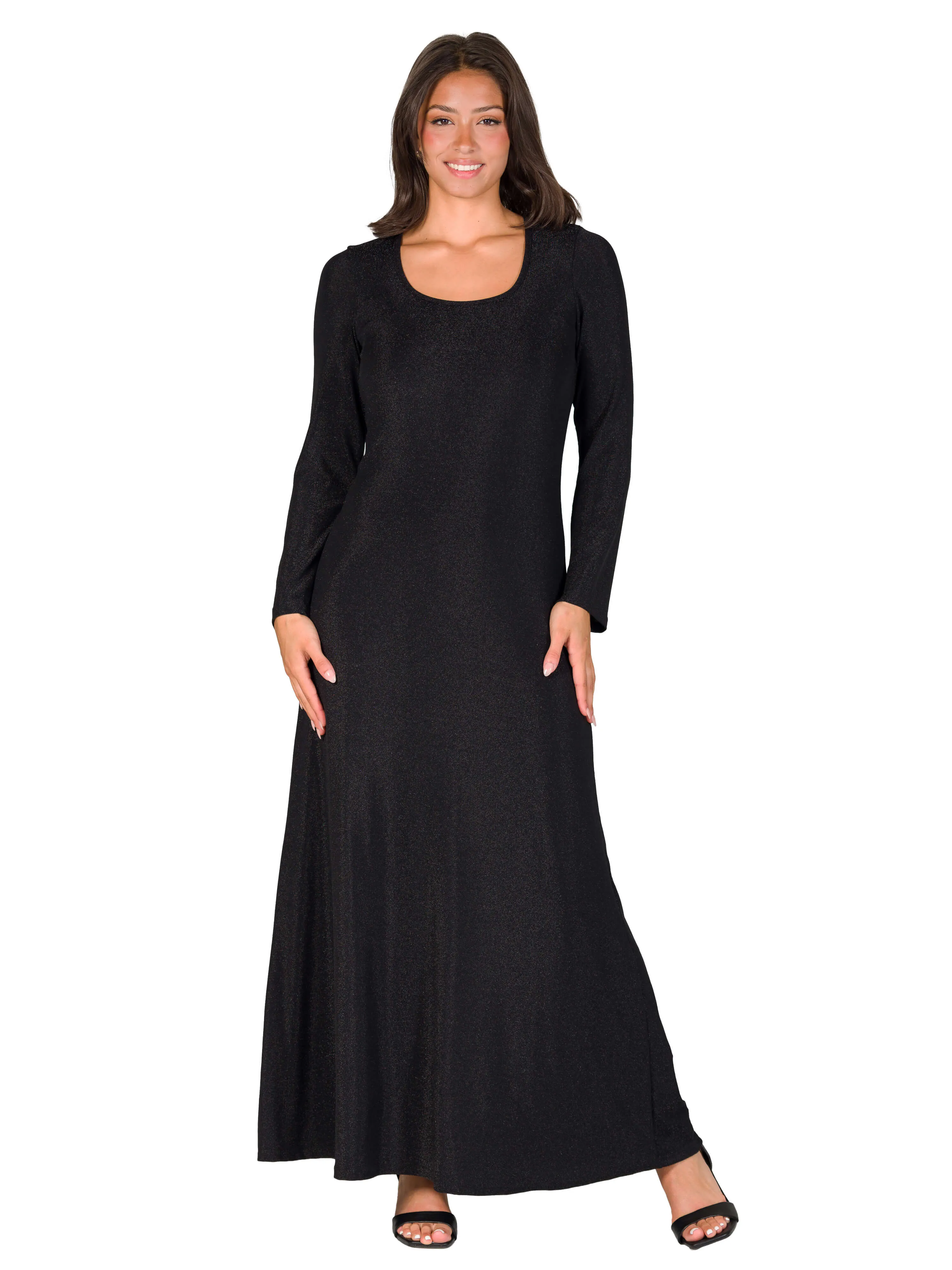 Long Sleeve Scoop Neck Shimmery Fabric Maxi Dress