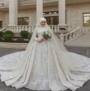 Long Sleeve Sparkly A-Line Muslim Arabic Bride Gown Elegant Classic Floor-length Wedding Gown