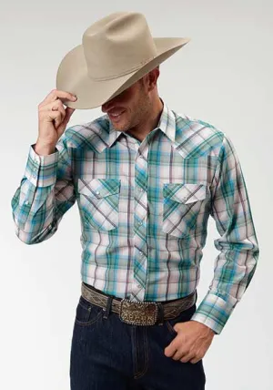 Long sleeve white and turquoise plaid shirt