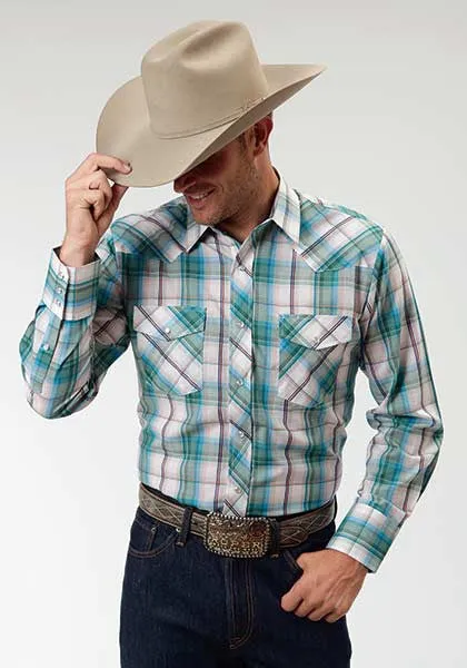 Long sleeve white and turquoise plaid shirt