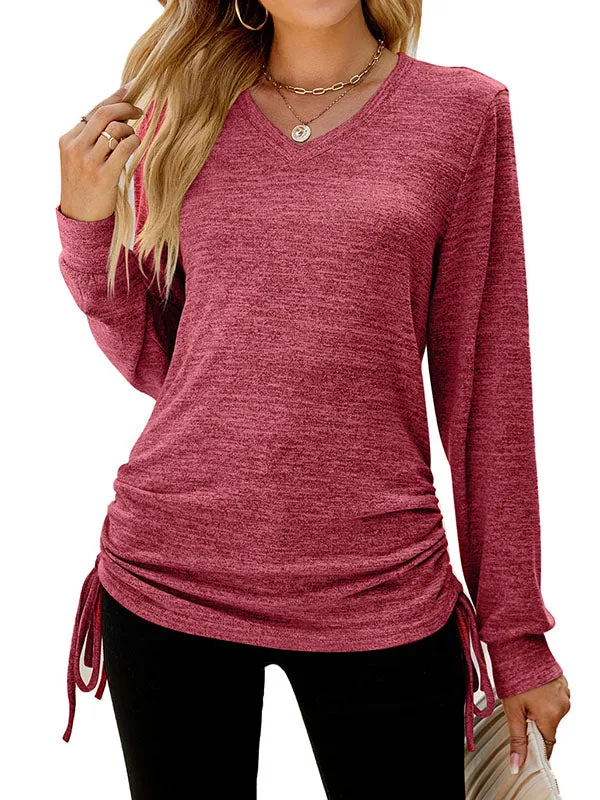 Long Sleeves Loose Drawstring Solid Color Tied V-Neck T-Shirts Tops