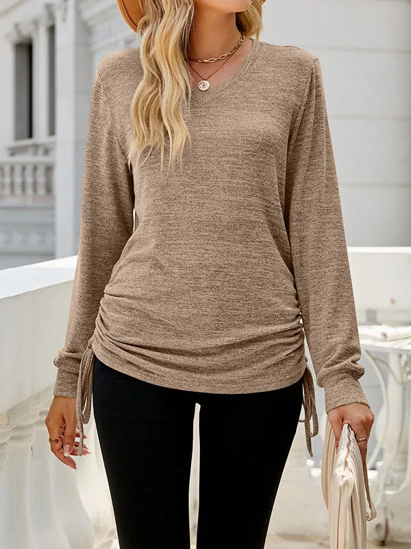 Long Sleeves Loose Drawstring Solid Color Tied V-Neck T-Shirts Tops