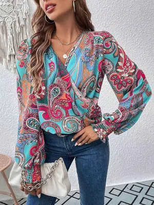 Long Sleeves Loose Elasticity Printed V-Neck Blouses&Shirts Tops