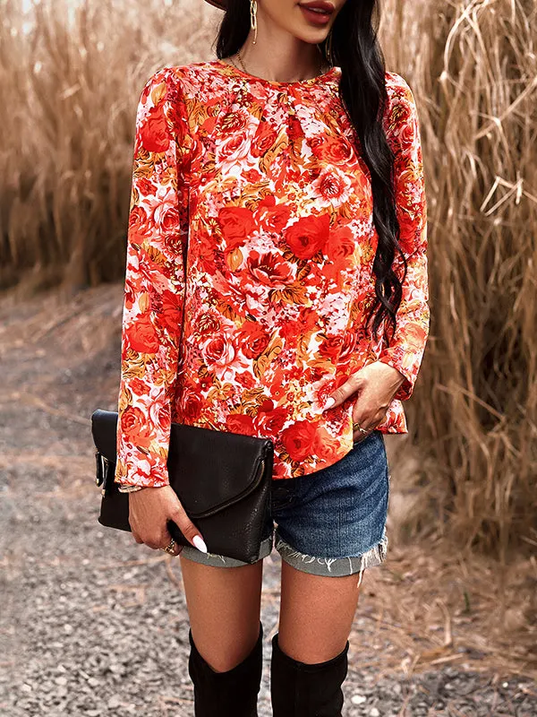 Long Sleeves Loose Flower Print Pleated Round-neck Shirts Tops