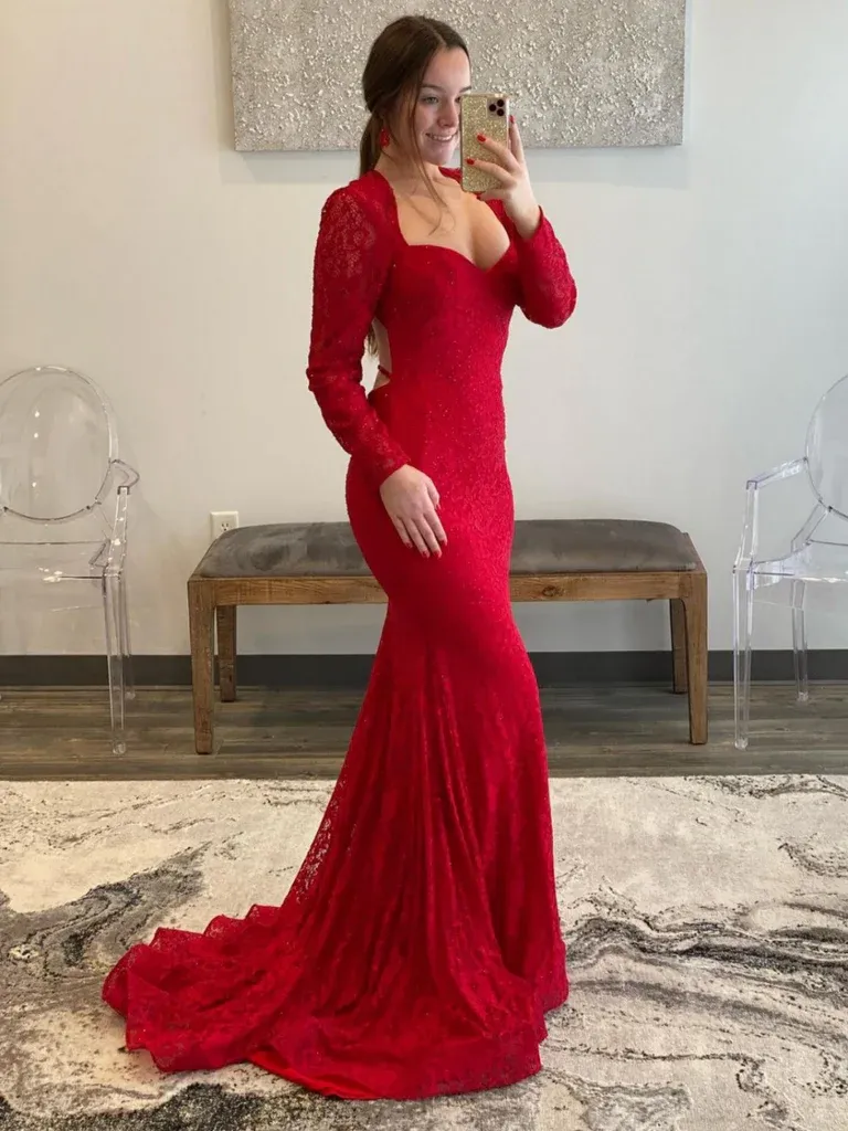 Long Sleeves Mermaid Red Lace Prom Dresses, Long Beaded Red Lace Formal Dresses, Red Evening Dresses         S1379