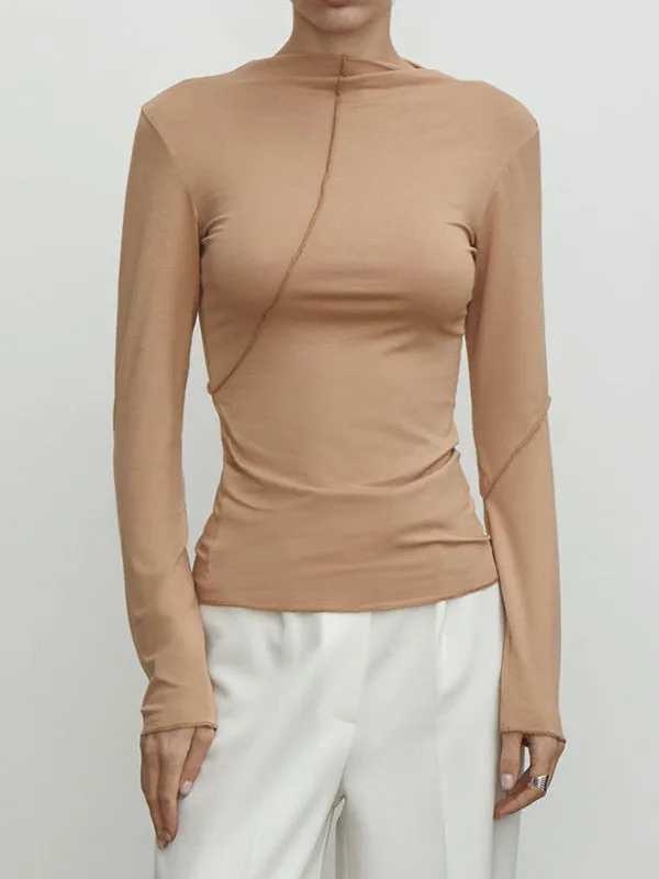 Long Sleeves Skinny Asymmetric Solid Color Mock Neck T-Shirts Tops