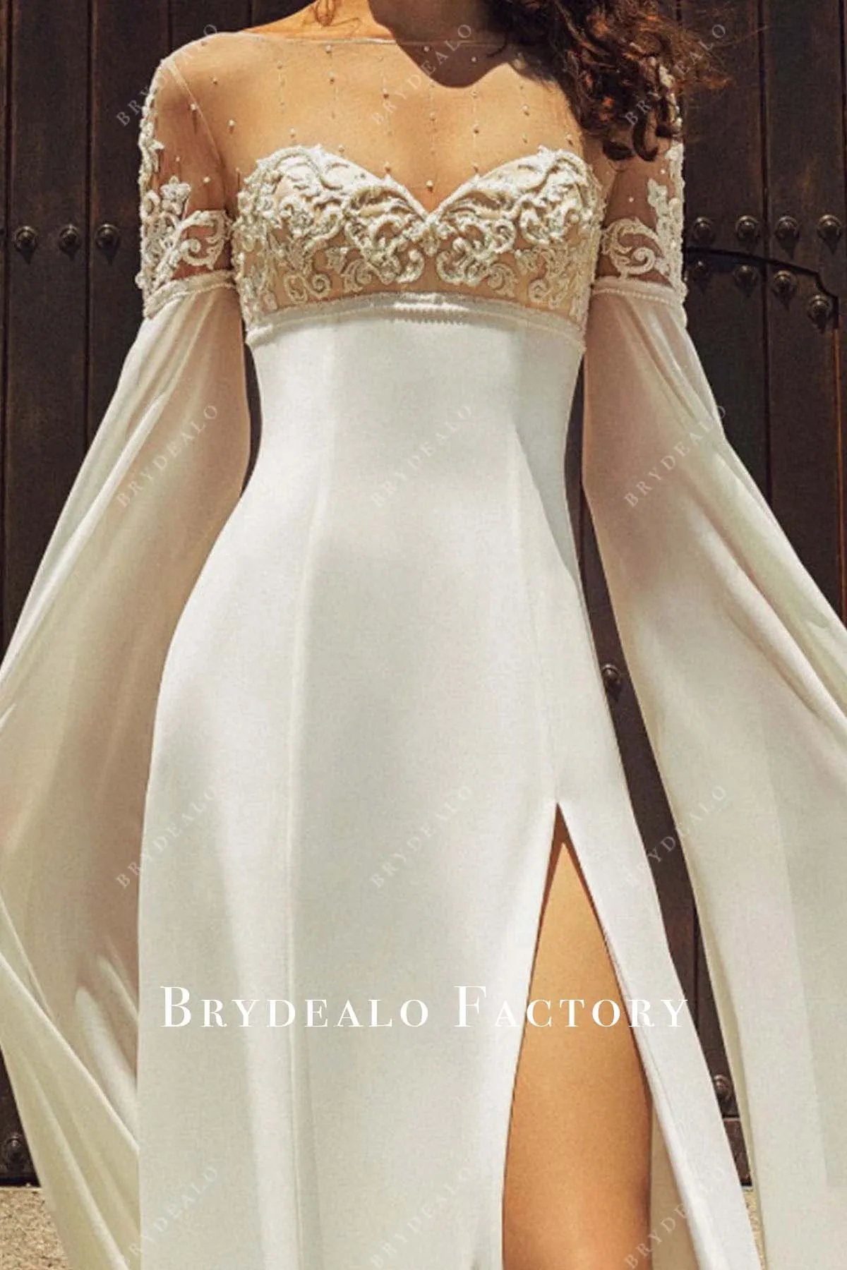 Long Slit Sleeve Lace Empire Sweep Train Boho Bridal Dress