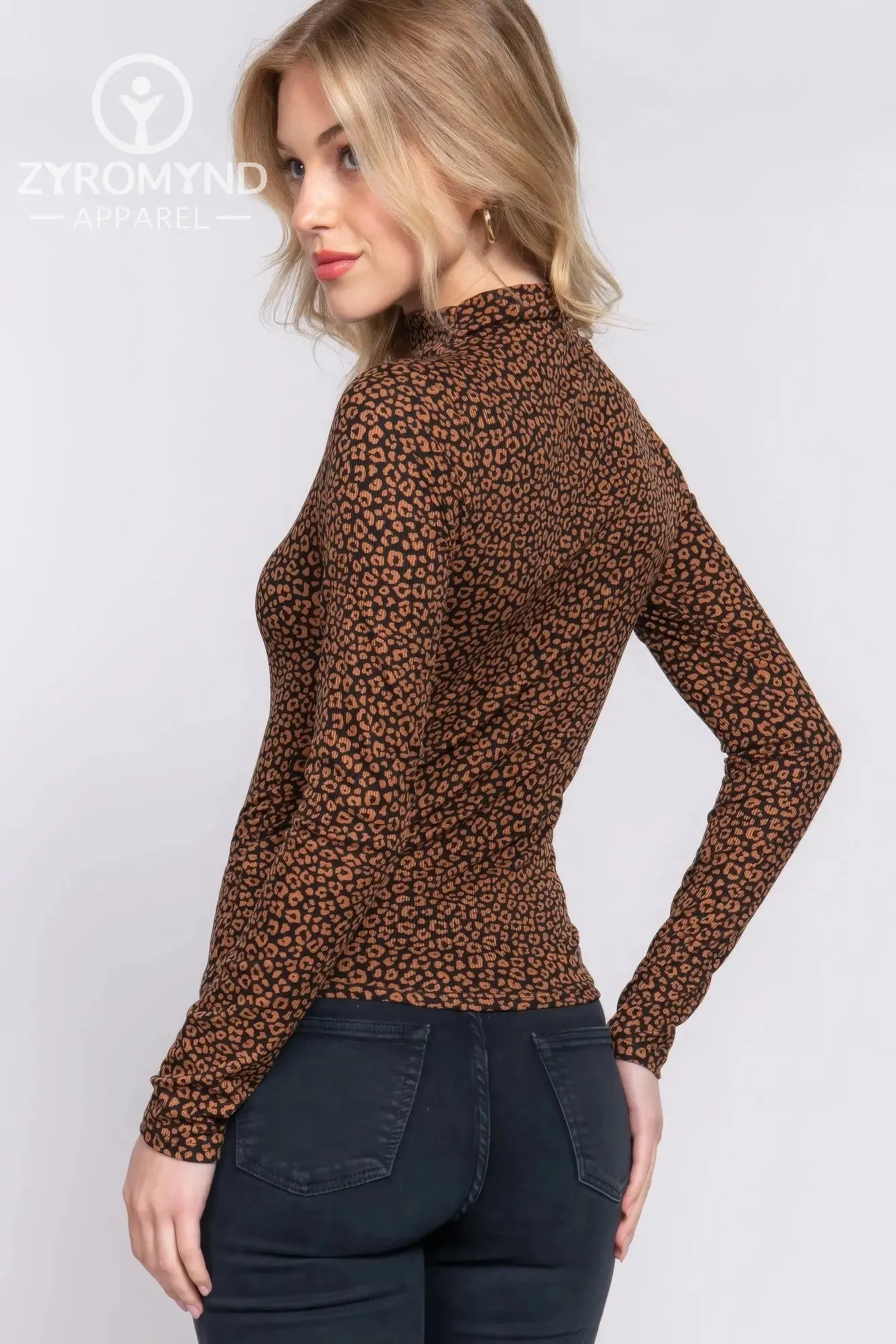 Long Slv High Neck Animal Print Knit Top