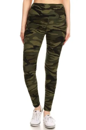 Long Yoga Style Banded Lined Olive Camo Print, Full Length Leggings In A Slim Fitting Style With A Banded High Waist.