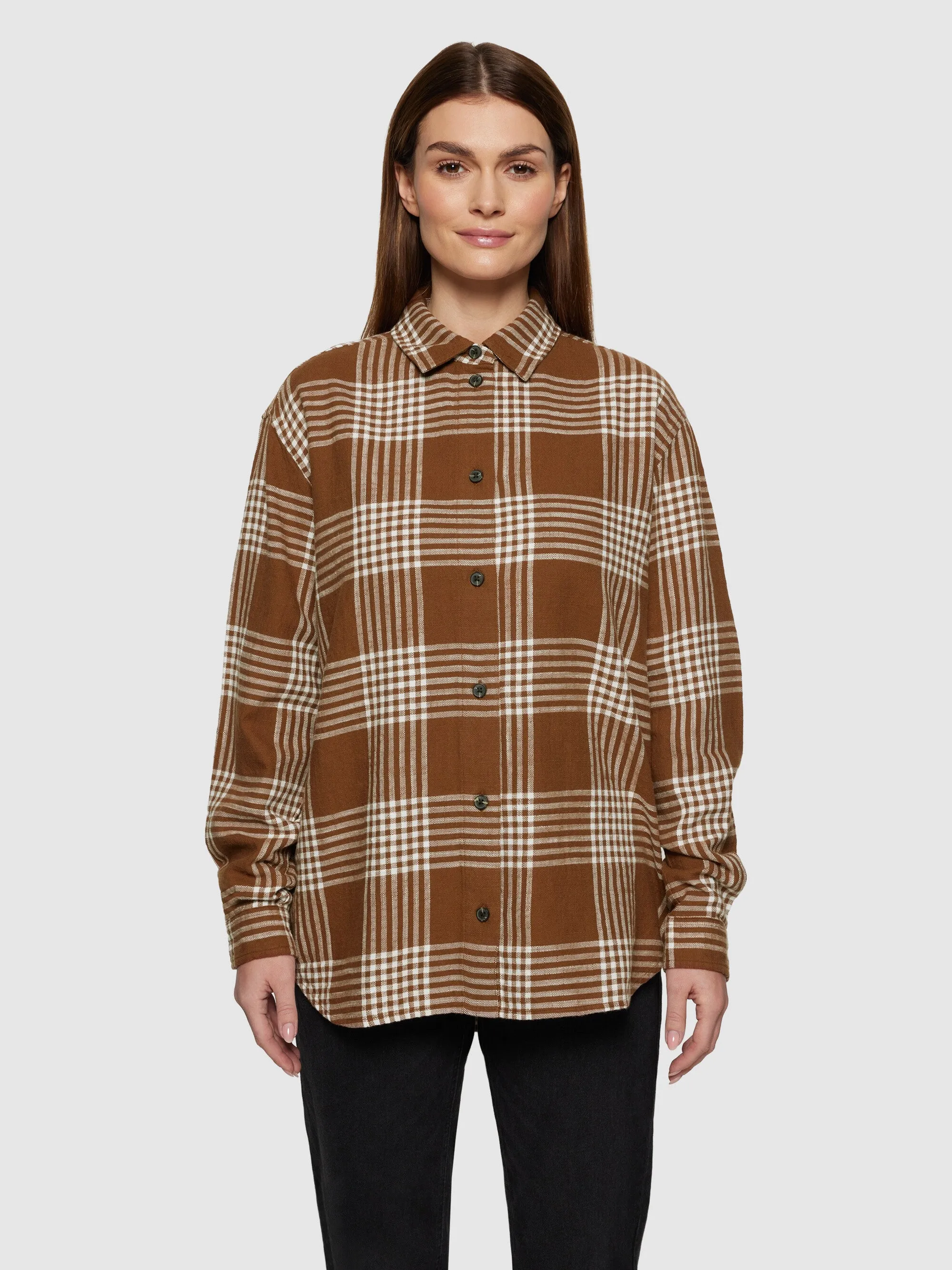 Loose check flannel shirt - GOTS/Vegan - Brown check