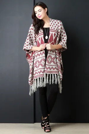 Loose Knit Multipattern Fringe Tassel Hem Poncho