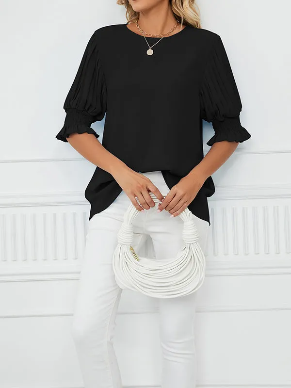 Loose Puff Sleeves Pleated Solid Color Round-Neck T-Shirts Tops