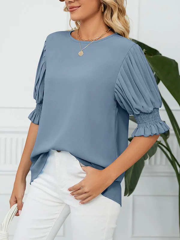 Loose Puff Sleeves Pleated Solid Color Round-Neck T-Shirts Tops