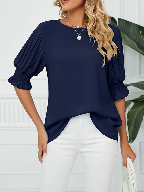 Loose Puff Sleeves Pleated Solid Color Round-Neck T-Shirts Tops