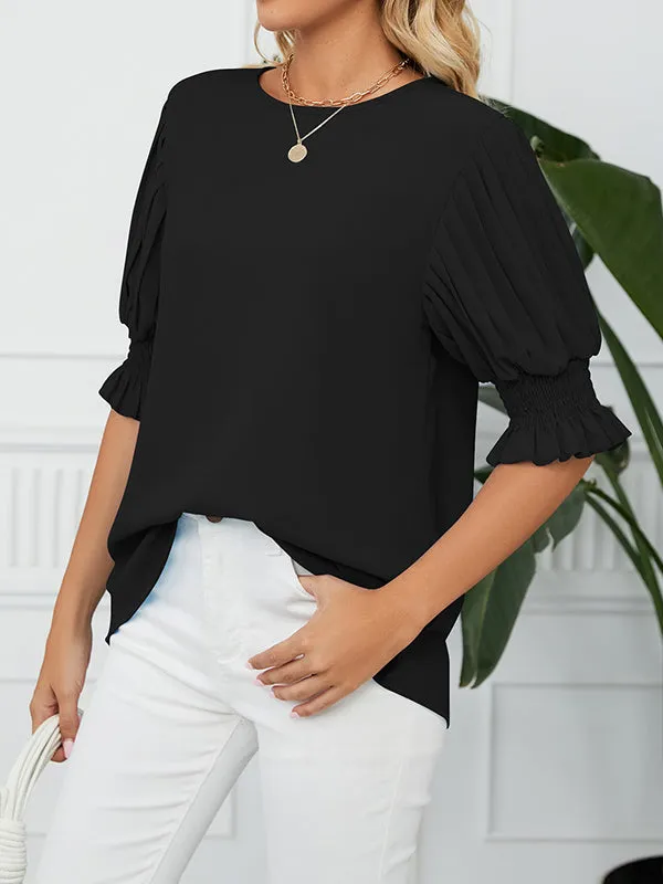 Loose Puff Sleeves Pleated Solid Color Round-Neck T-Shirts Tops