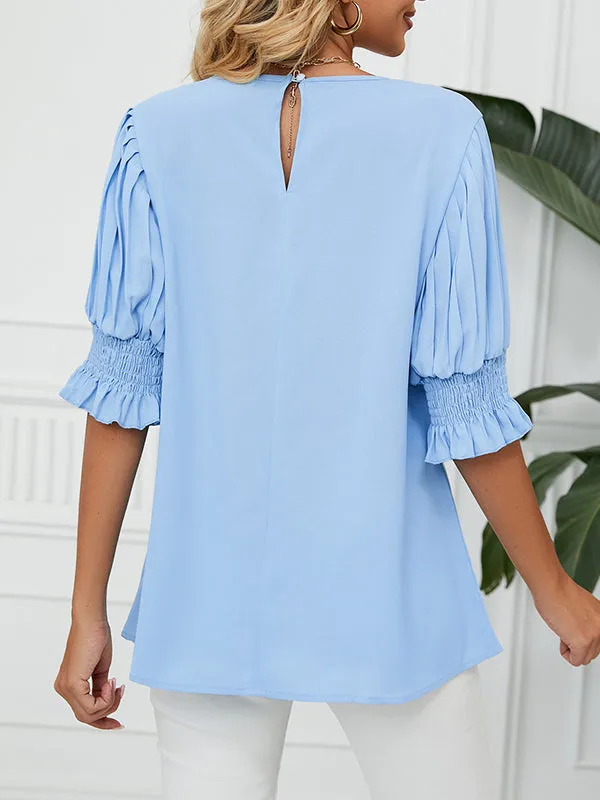 Loose Puff Sleeves Pleated Solid Color Round-Neck T-Shirts Tops