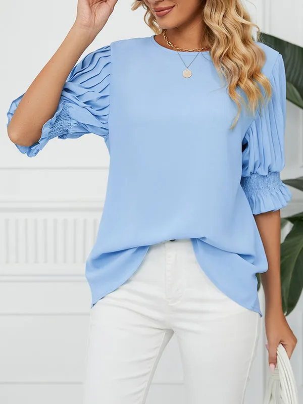 Loose Puff Sleeves Pleated Solid Color Round-Neck T-Shirts Tops