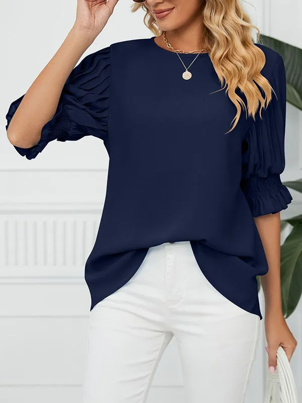 Loose Puff Sleeves Pleated Solid Color Round-Neck T-Shirts Tops