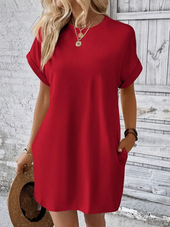 Loose Short Sleeve Dress With Pockets Summer Casual Solid Color Round Neck Straight Dresses Womens Clothing