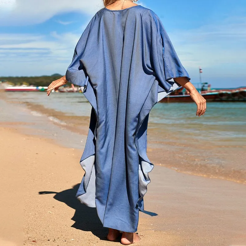 Loose V neck Plus Size Long Solid Color Bikini Cover-Up