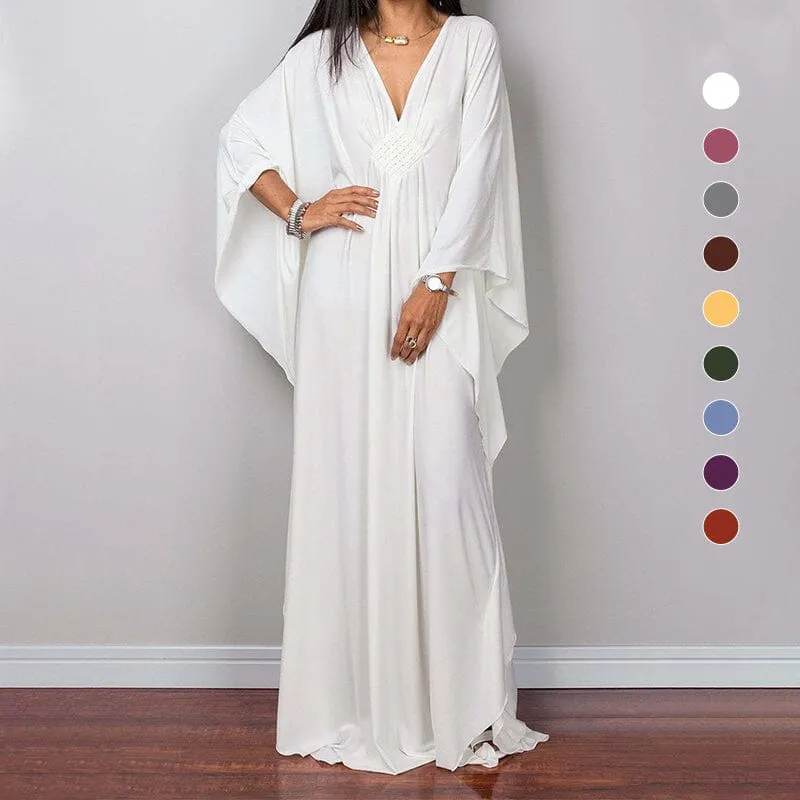 Loose V neck Plus Size Long Solid Color Bikini Cover-Up