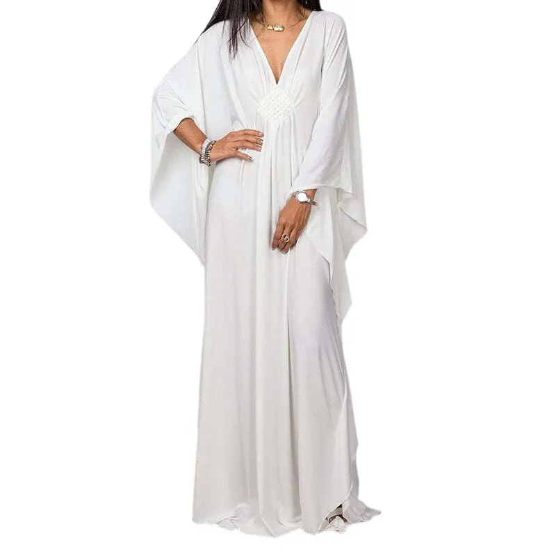 Loose V neck Plus Size Long Solid Color Bikini Cover-Up