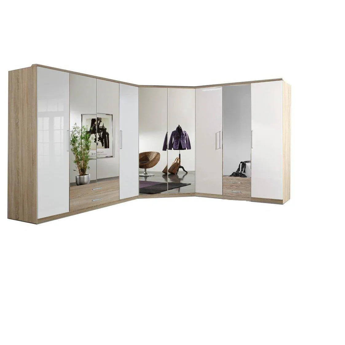 Lorin Oak Mirrored Corner Wardrobe