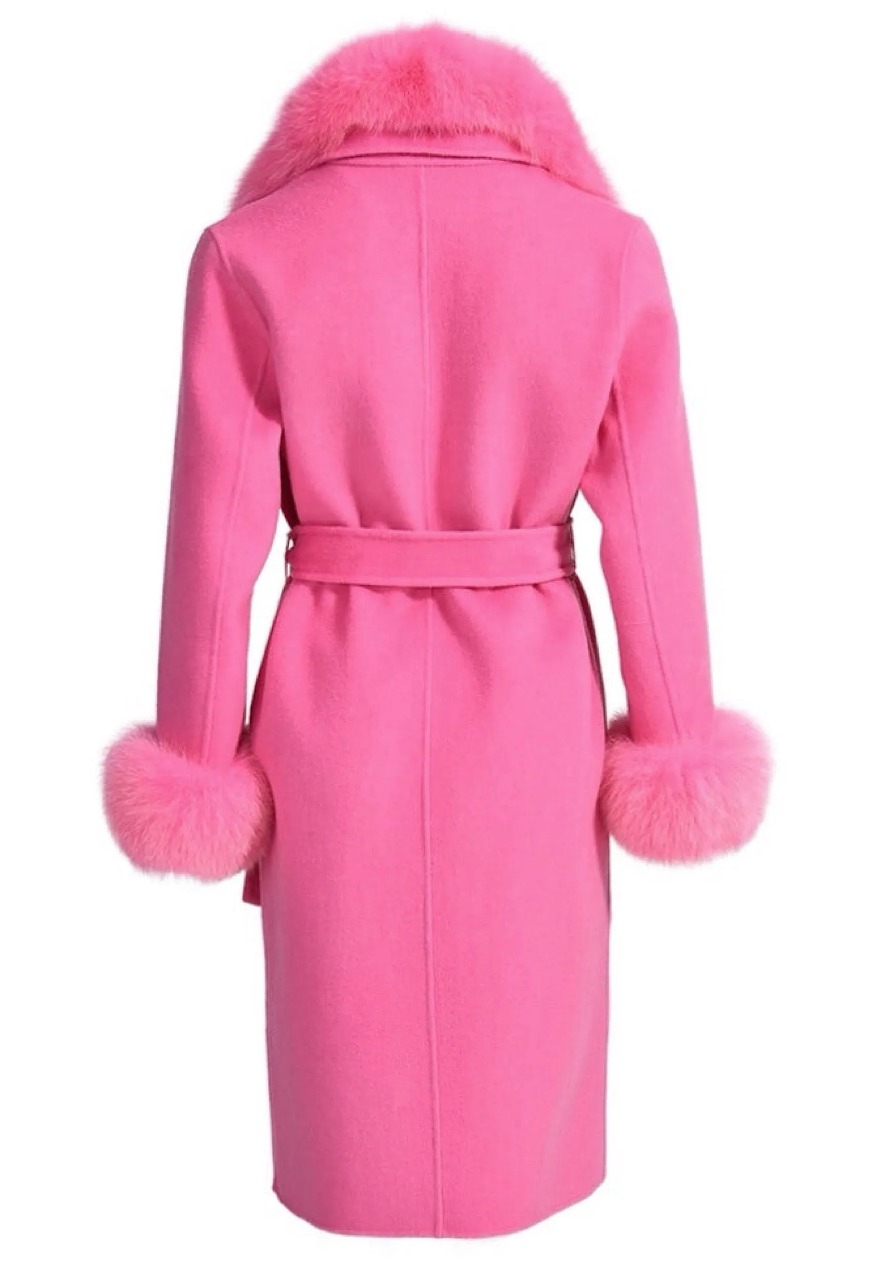 LORINA Pink Cashmere Midi Coat with Fox Fur