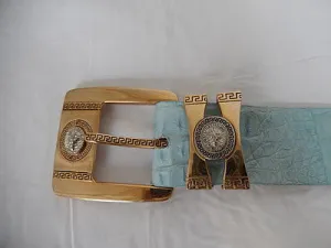 Los Altos Gold and Blue Horn Back Crocodile Belt