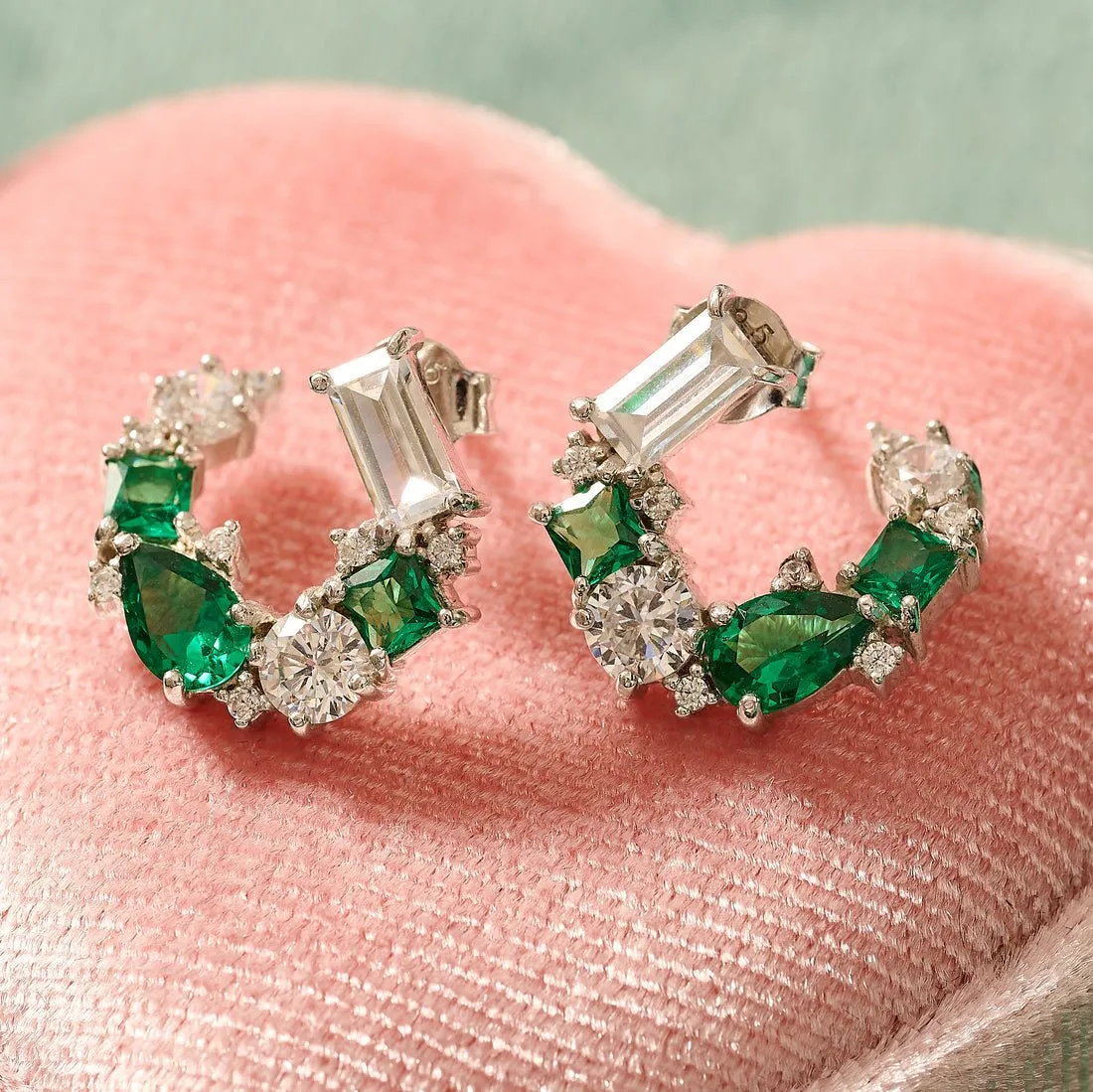 Lottie Cluster Sideways Hoops Emerald, Clear CZ and Silver