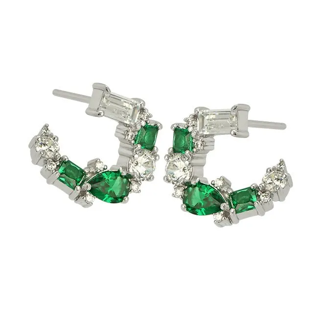 Lottie Cluster Sideways Hoops Emerald, Clear CZ and Silver