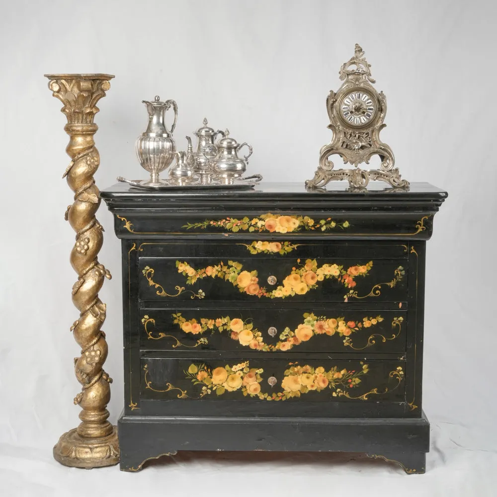 Louis Philippe Style Commode and Matching Storage Trunk with Hand-Painted Floral Decoration 37"