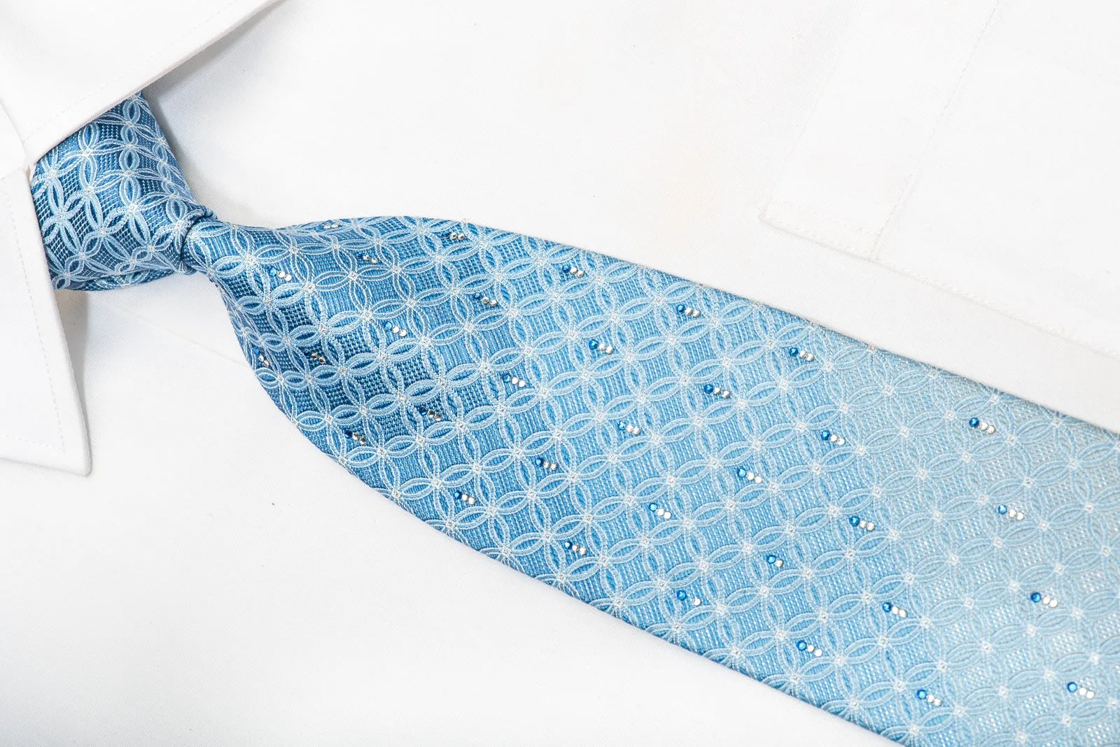 Louis Quatorze Men's Silk Necktie Interlocking Circles On Blue Sparkling With Rhinestones