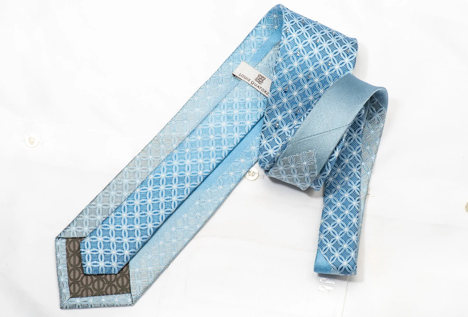 Louis Quatorze Men's Silk Necktie Interlocking Circles On Blue Sparkling With Rhinestones