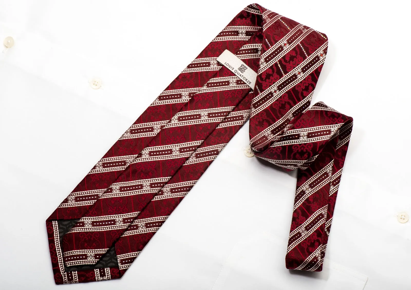 Louis Quatorze Mens Silk Necktie Silver Striped On Burgundy Sparkling With Rhinestones