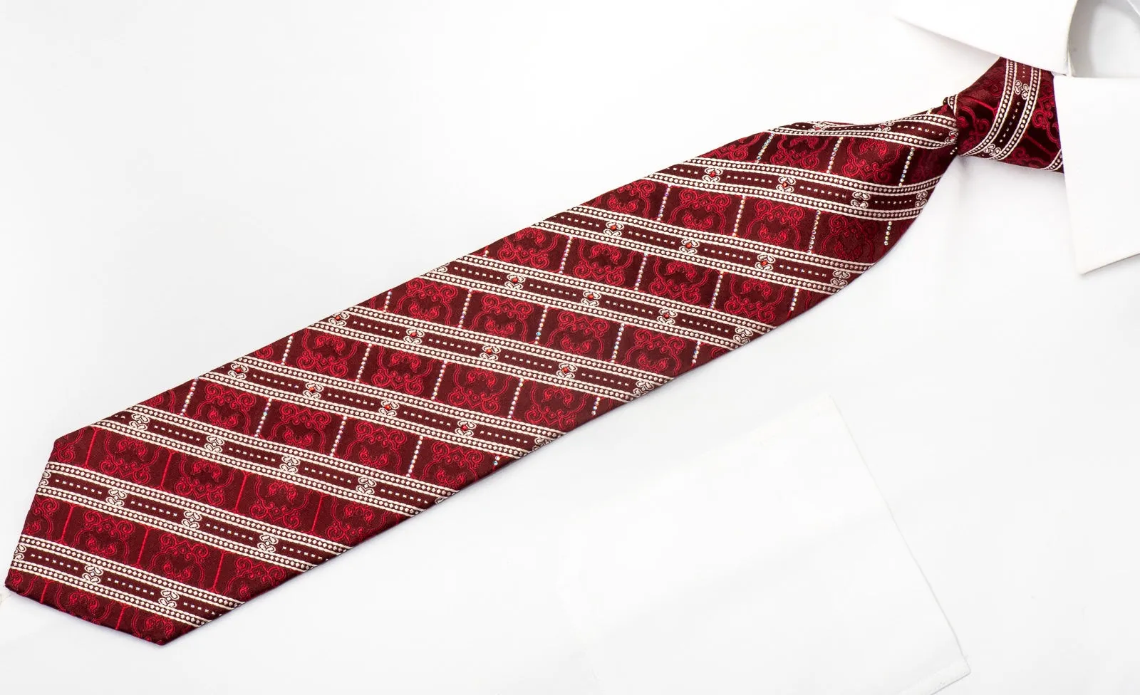 Louis Quatorze Mens Silk Necktie Silver Striped On Burgundy Sparkling With Rhinestones