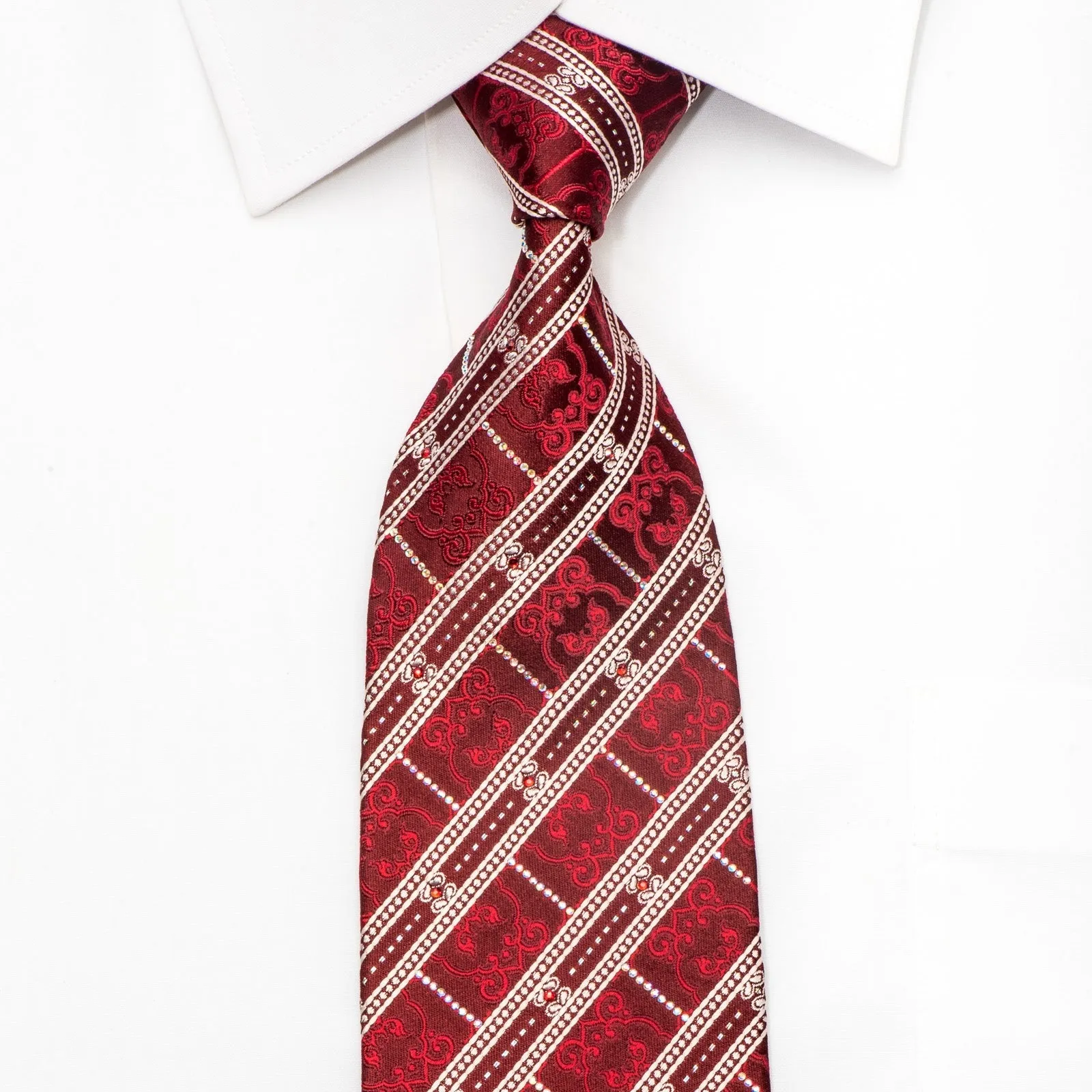 Louis Quatorze Mens Silk Necktie Silver Striped On Burgundy Sparkling With Rhinestones