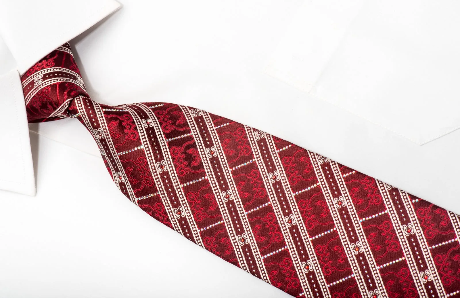 Louis Quatorze Mens Silk Necktie Silver Striped On Burgundy Sparkling With Rhinestones