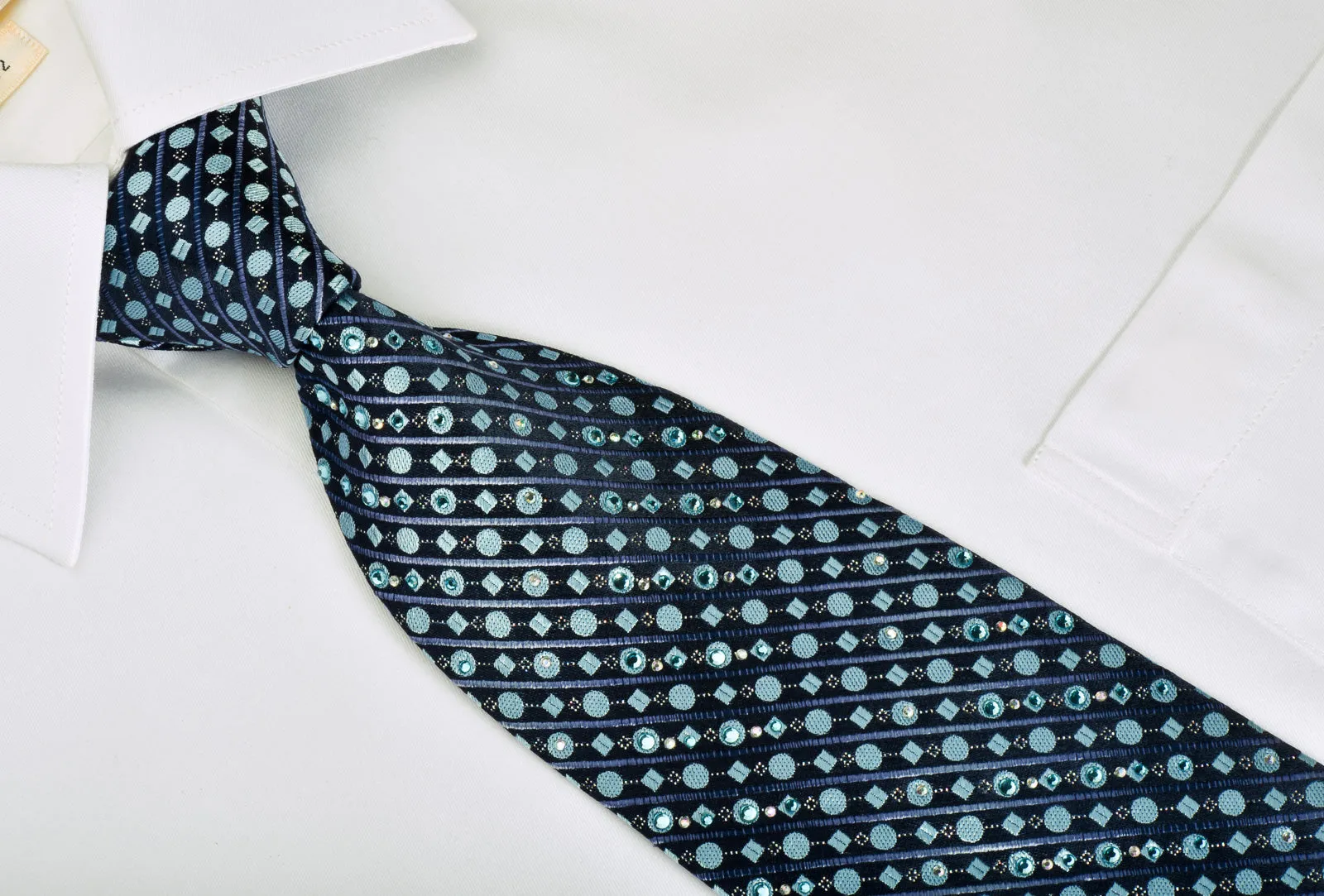 Louis Quatorze Rhinestone Necktie Dots & Stripes On Blue With Silver Sparkles