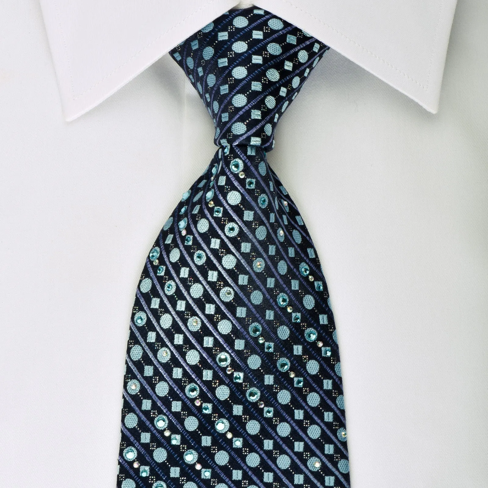 Louis Quatorze Rhinestone Necktie Dots & Stripes On Blue With Silver Sparkles