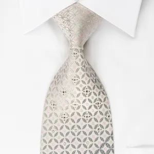 Louis Quatorze Rhinestone Silk Necktie Silver Geometric On White With Silver Sparkles