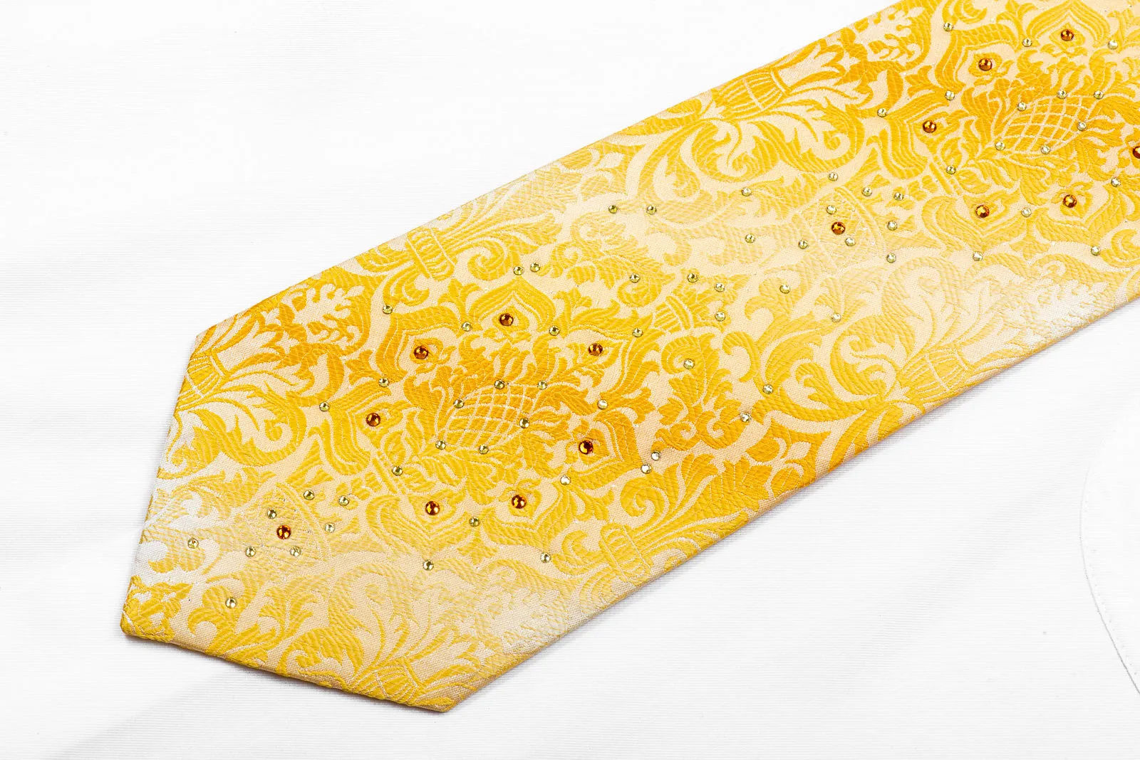 Louis Quatorze Swarovski Rhinestone Tie Damask On Yellow With Silver Sparkles