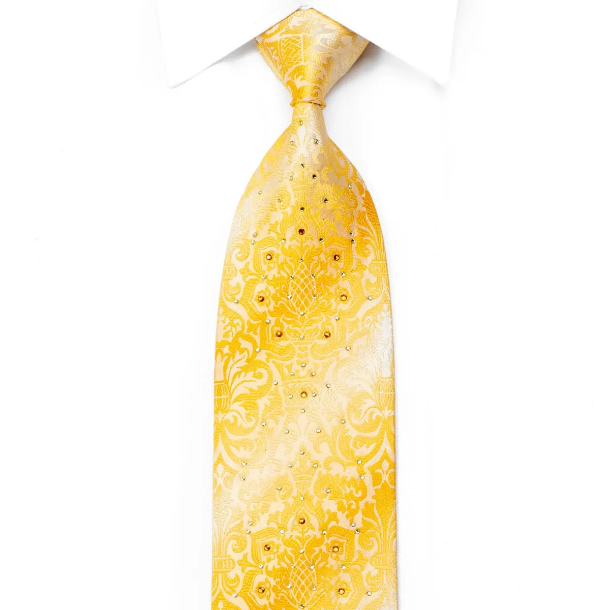 Louis Quatorze Swarovski Rhinestone Tie Damask On Yellow With Silver Sparkles