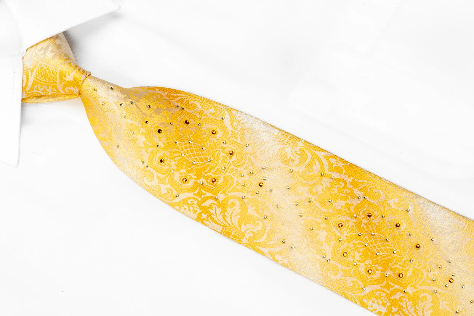 Louis Quatorze Swarovski Rhinestone Tie Damask On Yellow With Silver Sparkles