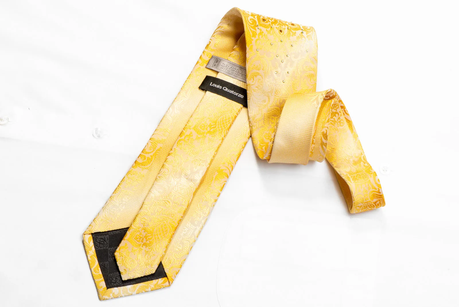 Louis Quatorze Swarovski Rhinestone Tie Damask On Yellow With Silver Sparkles