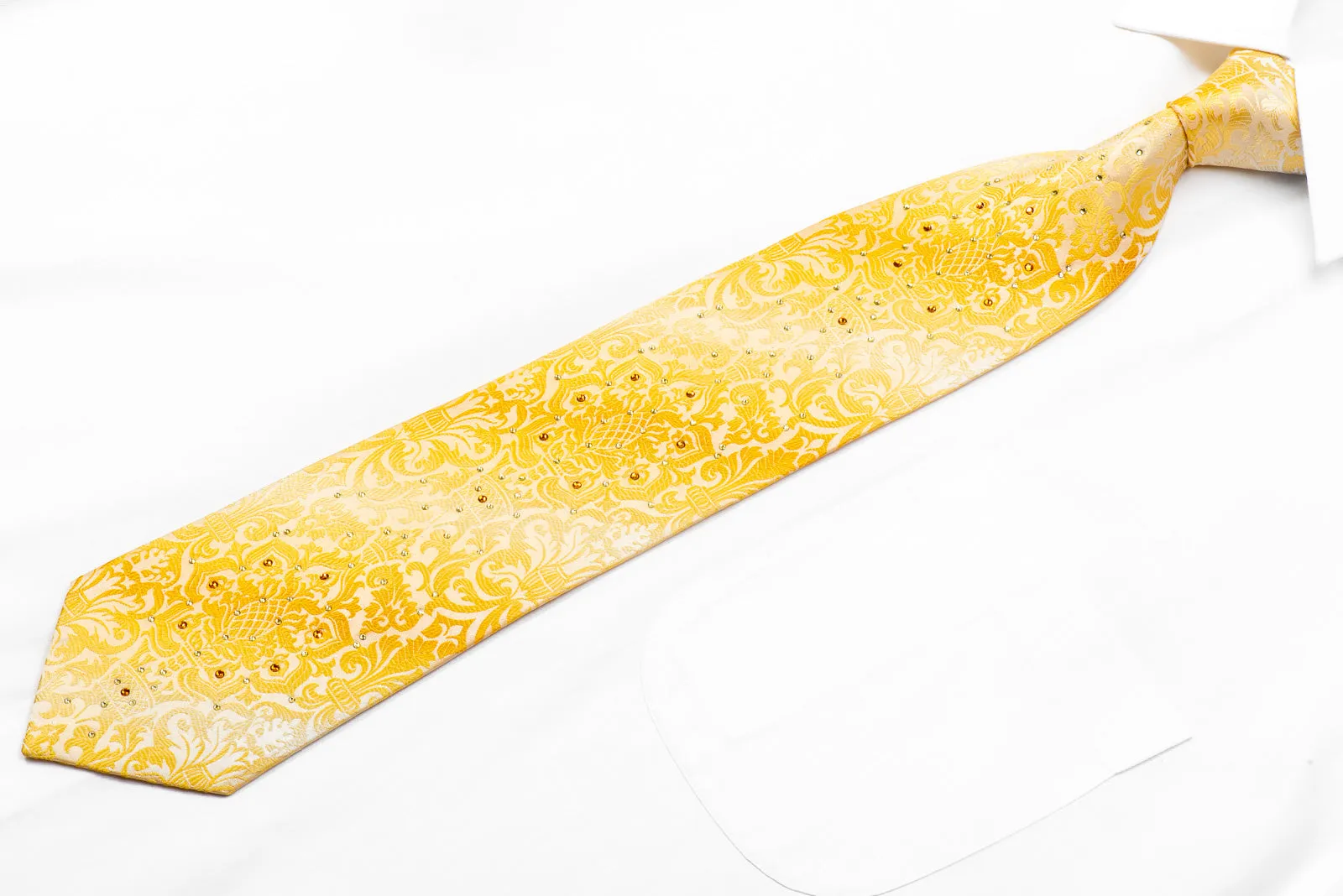 Louis Quatorze Swarovski Rhinestone Tie Damask On Yellow With Silver Sparkles