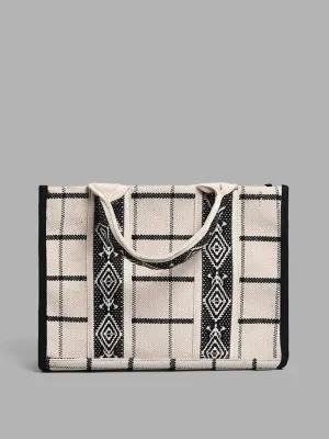 LOV Black & White Checked Jacquard Woven Tote Bag