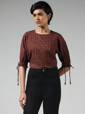 LOV Brown Cotton Schiffli Top