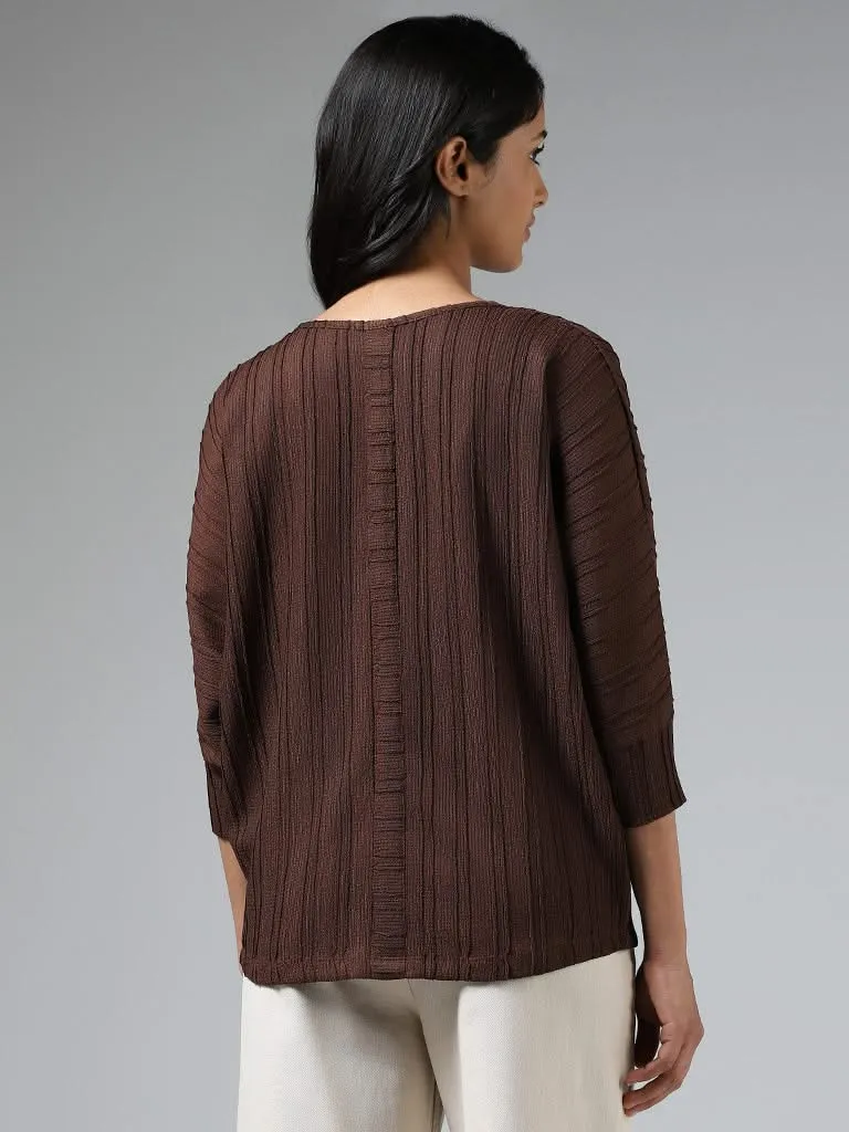 LOV Chocolate Brown Self-Striped Top