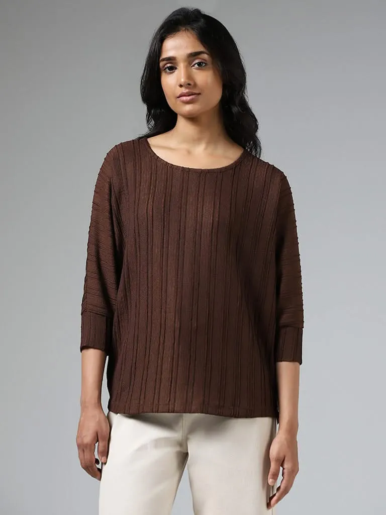 LOV Chocolate Brown Self-Striped Top